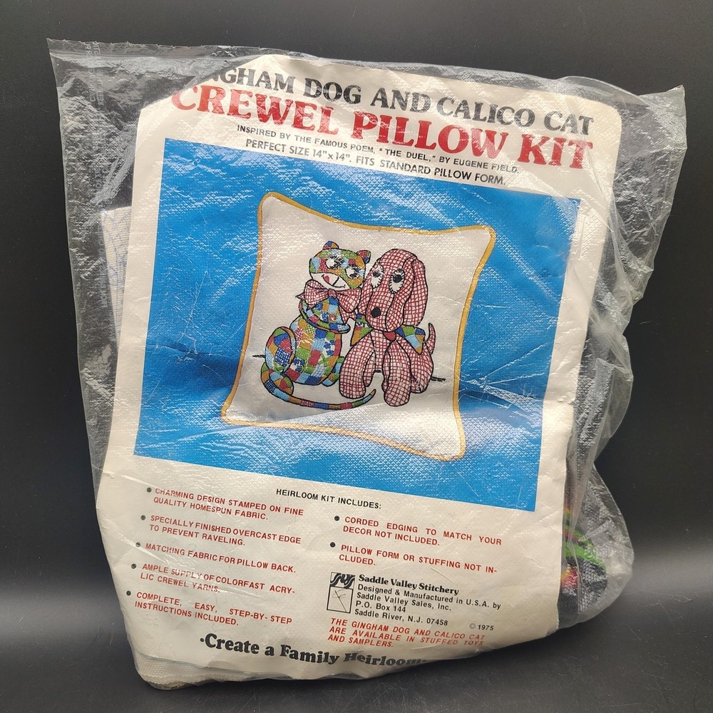 Vintage Saddle Valley Stitchery Crewel Pillow Kit Gingham Dog Calico Cottagecore